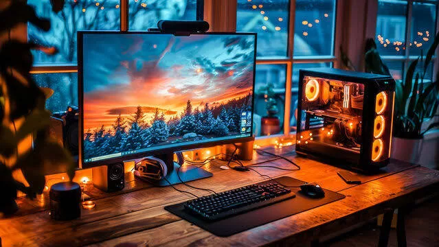 A gaming PC with RGB lighting on a desk next to a monitor